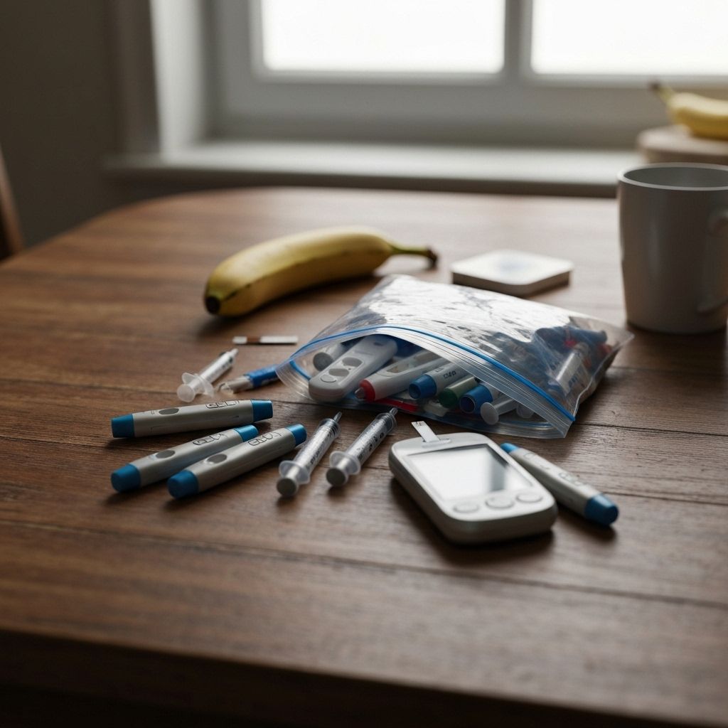 Scattered diabetes supplies in messy bag