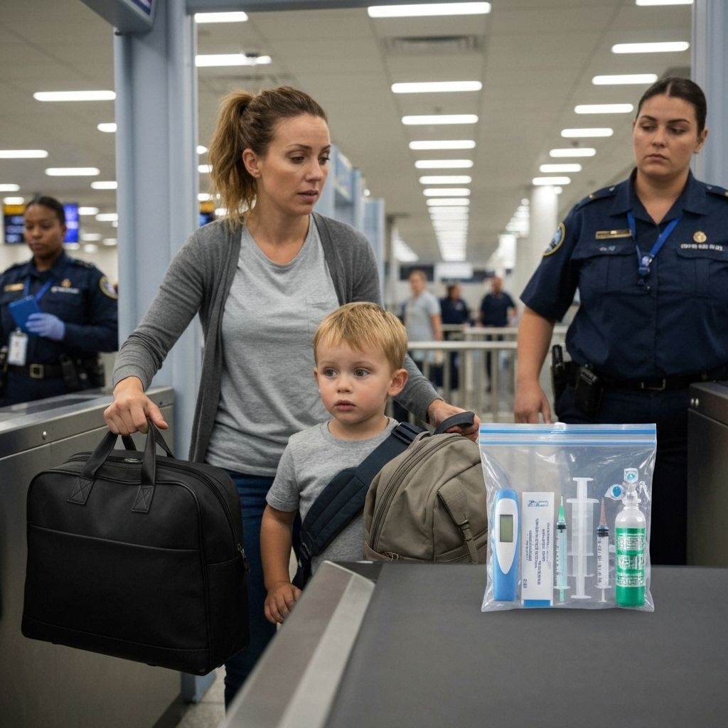 TSA airport security checkpoint with medical supplies